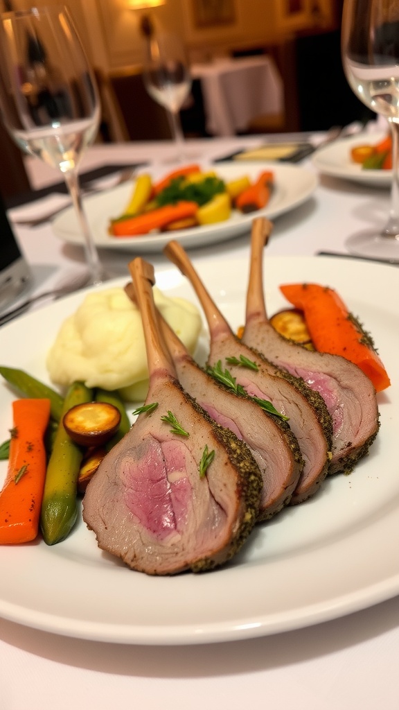 Luxury Herb-Crusted Rack of Lamb Dinner A gourmet plate of herb-crusted rack of lamb with mashed potatoes and seasonal vegetables, set in an elegant dining environment.